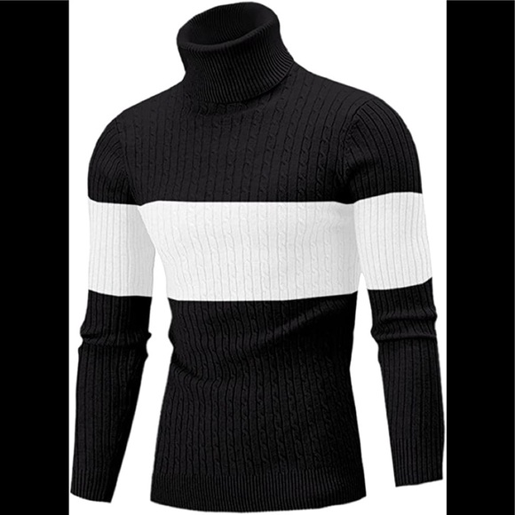 New Mens Turtleneck Thermal Lightweight Patterned Sweater Black and White - Picture 1 of 2